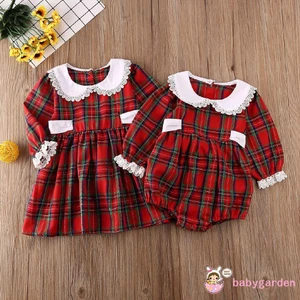Bộ Áo Liền Quần Caro Tay Dài Dễ Thương Cho Bé Gái