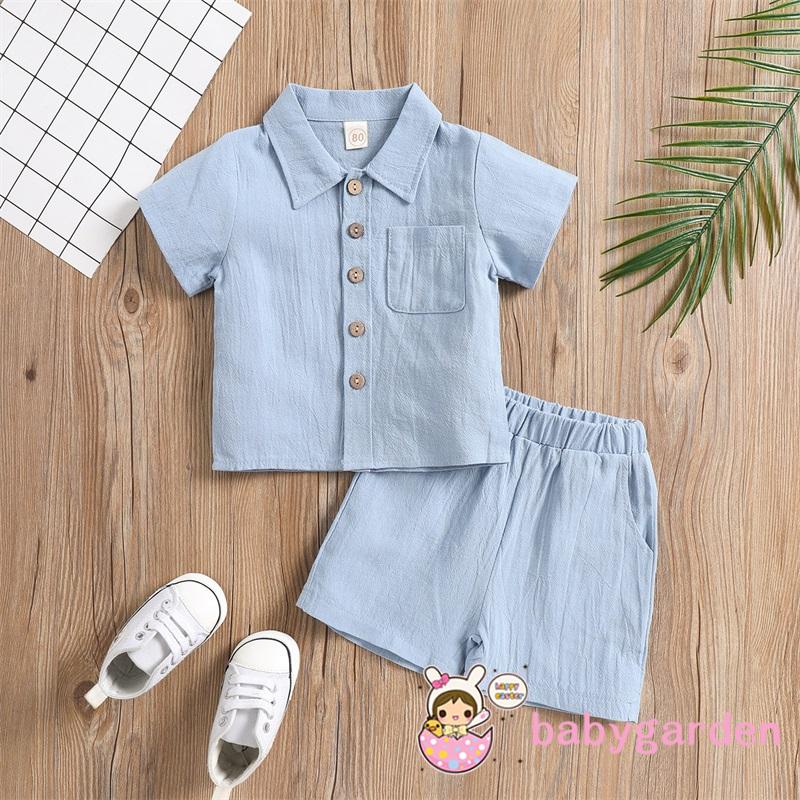 BABYGARDEN-6Months-4Years Trang phục bé trai, Mùa hè mùa thu màu trơn Ve áo ngắn tay một ngực + Quần Short