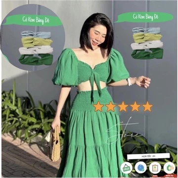 (CÓ BĂNG ĐÔ - Sẵn giao ngay) Đầm váy maxi đi biển đũi áo nhún xoè set áo croptop tay bồng chân váy dài đi chơi đi biển