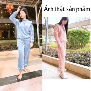 Bộ quần áo lông cừu D.STUDIO mềm mại ấm áp cho mẹ và bé cổ tròn