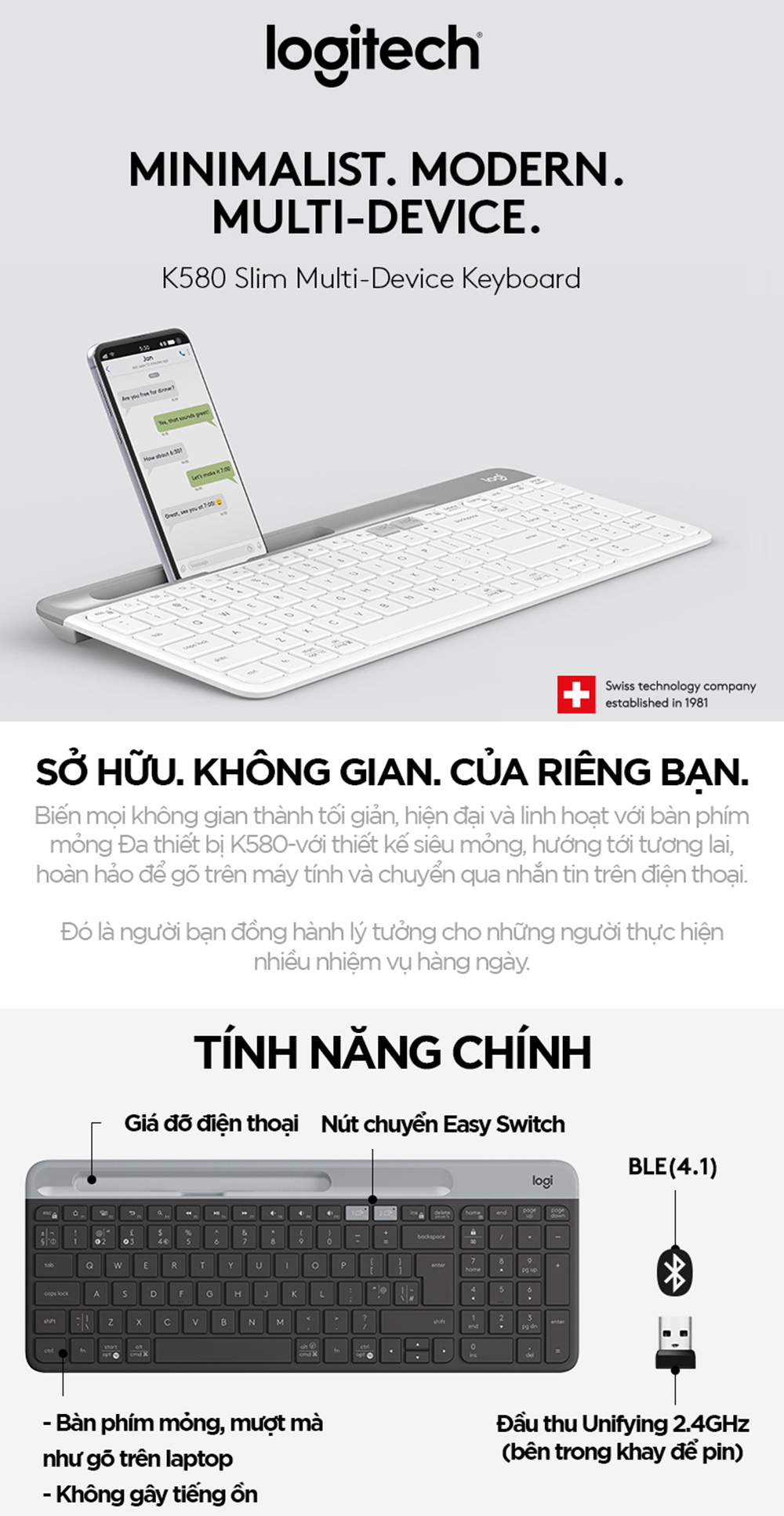 Bàn phím không dây Bluetooth Logitech K580