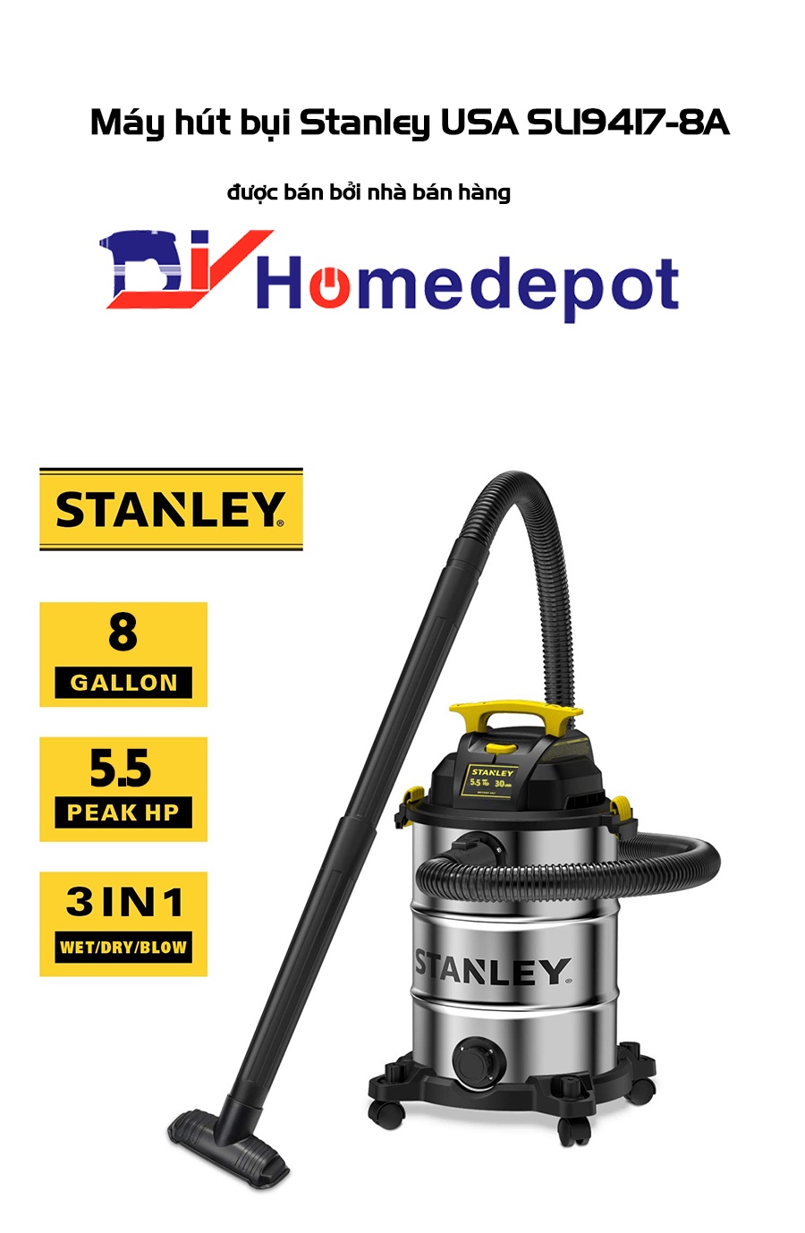 Mô tả Máy hút bụi công nghiệp khô và ướt Stanley SL19417-8A 4000W 5.5HP - bộ lọc HEPA - Bảo hành 12 tháng Kèm Phụ Kiện - 1