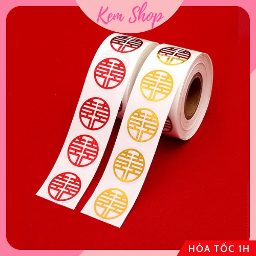 Cuộn 500 decal chữ hỷ dán trái cây, trầu cau, bánh kẹo trang trí ăn hỏi dạm ngõ đám cưới - Kem Shop K320