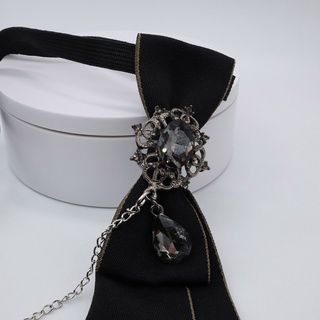 Gothic Black Necktie Rhinestones Pendant Metal Chain Evening Party Pre Tied Tie