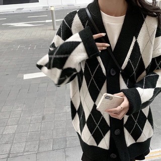 Áo Khoác Cardigan Nữ Kẻ Thoi Form Rộng Đen/ Hồng Chất Nỉ New