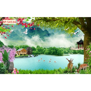 Tranh 3D phong cảnh sông suối nên thơ, cánh đồng hoa nở rộ, mặt hồ xanh biếc tĩnh lặng