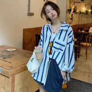 Hàng Mới Về Áo Sơ Mi Dài Tay Kẻ Sọc Dáng Rộng Phong Cách Hàn Quốc Cho Nữ Hàng Có Sẵn