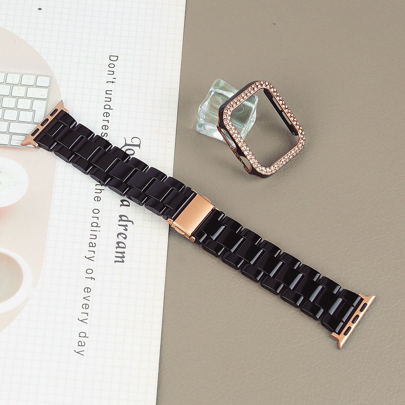 Nam Nữ Hai Màu Kim Cương Ốp Lưng Nhựa Bộ Dây Đeo Thích Hợp Cho Apple Watch SE3 S9 S8 SE S7 S6 40mm 44mm 41mm 45mm Dây Đeo Tay