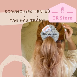 Scrunchies len xù tag gấu trắng