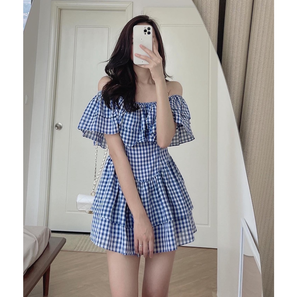 ĐẦM TRỄ VAI XÒE CARO XANH VÀ ĐEN SIÊU XINH - CARON DRESS