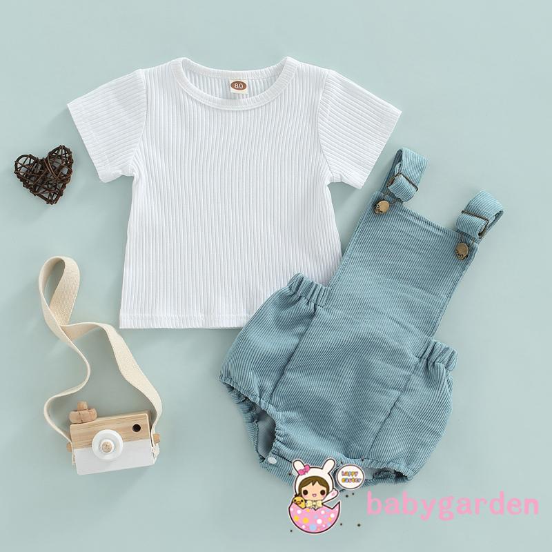 Set Áo Thun Tay Ngắn Cổ Tròn + Quần Yếm Dễ Thương Cho Bé Trai Từ 0-2 Tuổi