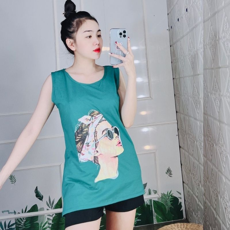 Đồ Bộ Nữ Mặc Nhà ESHOP BD10 Bigsize 43-85kg Áo Ba Lỗ Thun Cotton In Cô Gái, Quần Đùi Đen Dễ Thương