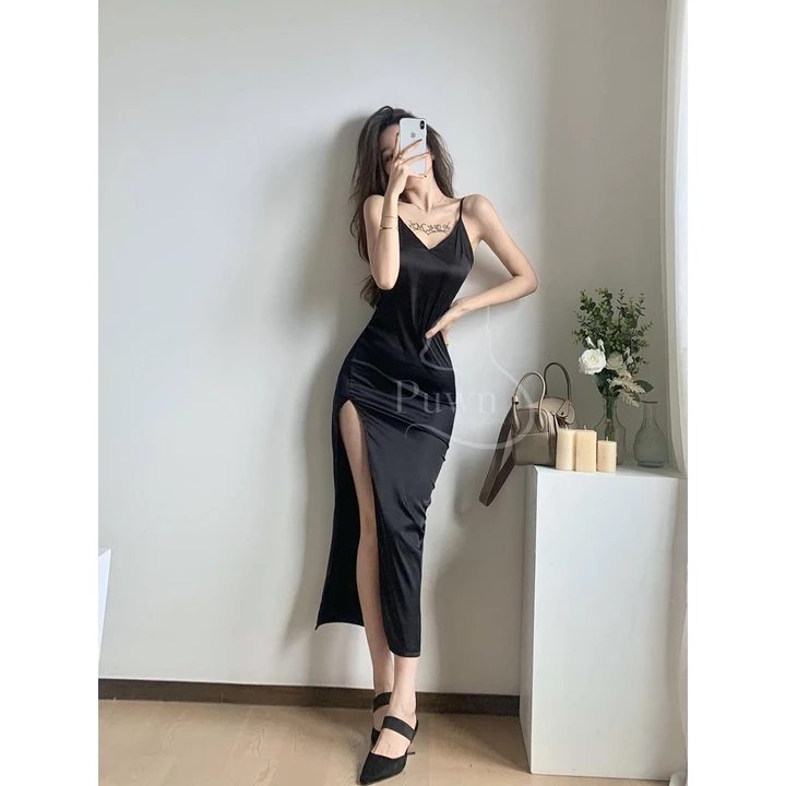 Váy lụa hai dây cổ tim xẻ cao quyến rũ sexy tôn dáng dự tiệc, prom, event, bar - Puwn Shop
