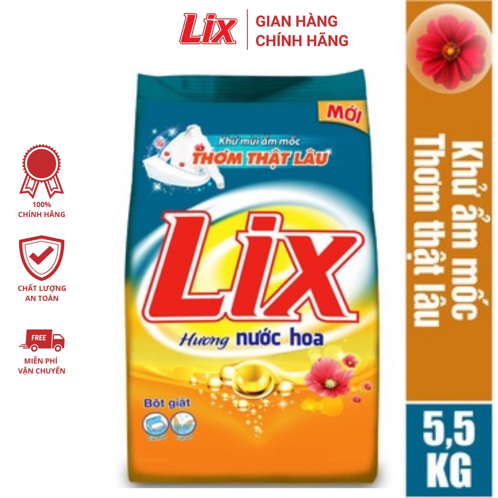 Bột giặt Lix đậm đặc hương nước hoa thơm mát 5,5 Kg PD575 giúp loại bỏ ẩm mốc làm sạch mọi vết bẩn cứng đầu giữ quần áo