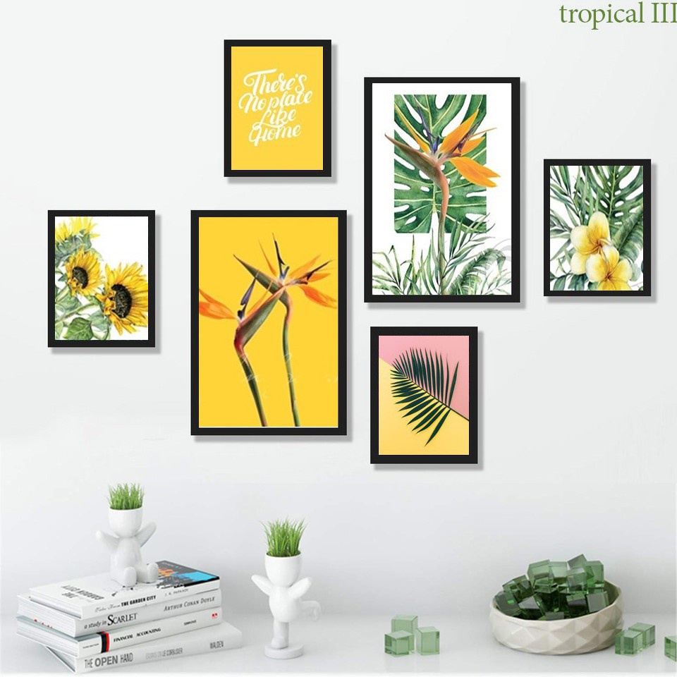Tranh treo tường, set 6 tranh dán tường TROPICAL dày 5mm, có sẵn keo 2 mặt, trang trí phòng ngủ, phòng khách