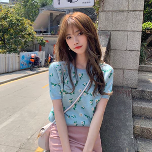 SUXI Áo tay ngắn họa tiết hoa vintage phong cách Hàn Quốc dành cho nữ