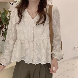 Phong Cách Hàn Quốc Nữ Nữ Rời Ren Plus Kích Thước Cổ Chữ V Đèn Lồng Áo Sơ Mi Tay Dài Áo Baju Baju Wanita Lengan Panjang Hàng Mới Sẵn Có