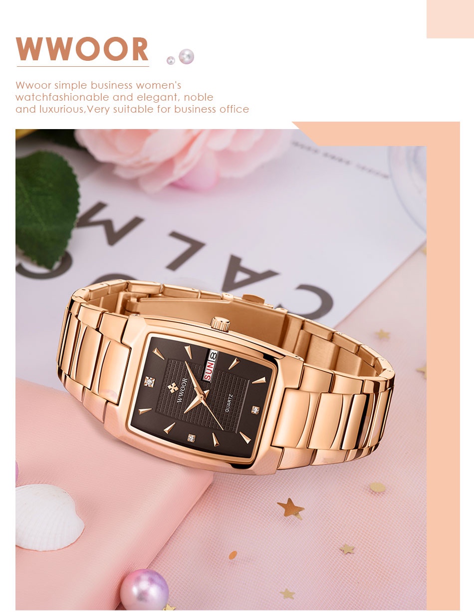 Mô tả Đồng Hồ Đeo Tay WWOOR Mặt Vuông Màu Vàng Đồng Thời Trang 2022 Dành Cho Nữ Relogio Feminino-8837 - 4