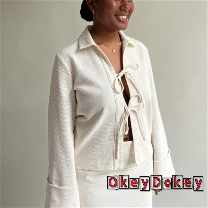 Áo Khoác Cardigan Tay Dài Cổ Bẻ Buộc Dây Phía Trước Màu Trơn Giản Dị Dành Cho Bạn Nữ