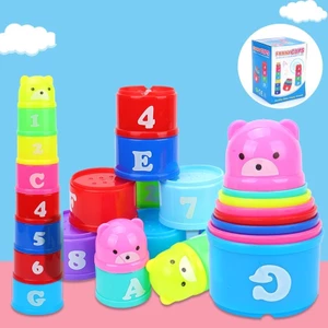 Đồ chơi tháp cốc nhựa xếp chồng 8 tầng giúp bé nhận diện màu sắc, to nhỏ, chữ và số hình gấu