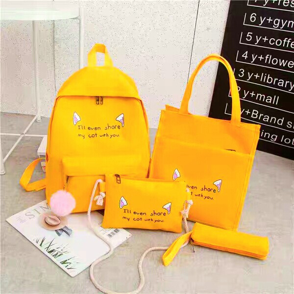 Balo mèo 4in1, set 4 món gồm balo, túi vải tote, túi đeo chéo và hộp bút