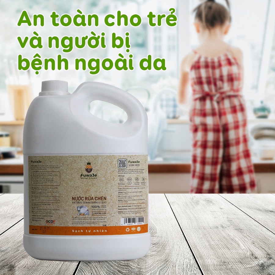 Nước rửa bát hữu cơ Fuwa3e Organic Enzyme sinh học 3.8L an toàn cho bé bảo vệ da tay