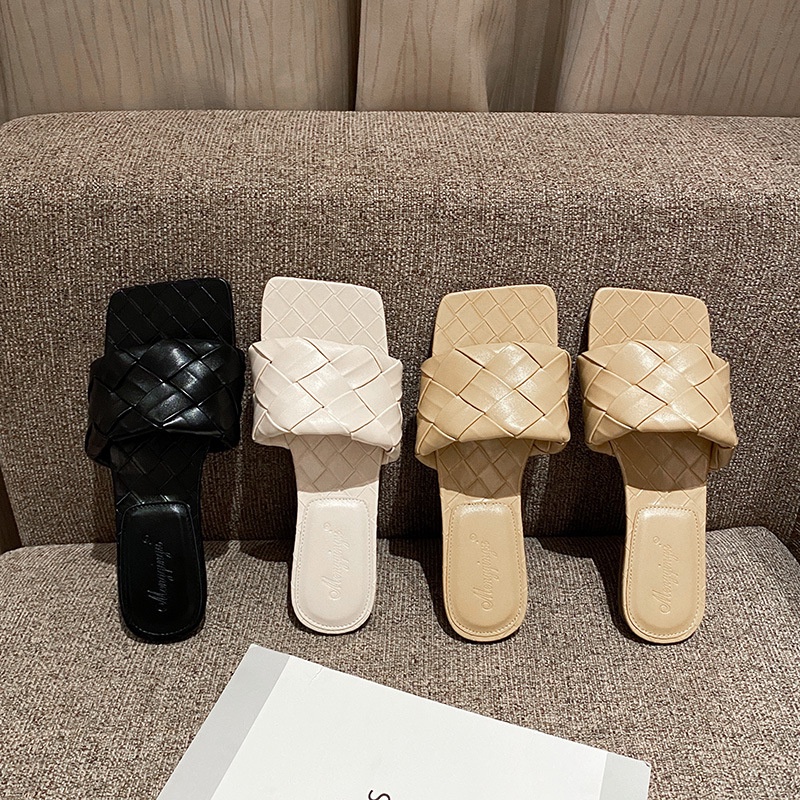 Size Lớn 33-43 Dép Nữ Mặc Ngoài Ngón Chân Vuông Lớn Dệt Lật Dép Đế Bằng Size Lớn Giày Lười Mùa Hè Chống Trơn Trượt Nữ