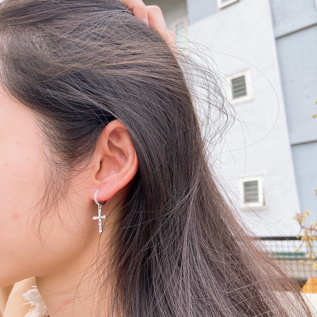 Ảnh Khuyên tai bạc unisex TLEE thánh giá nạm đá dáng dài cá tính TLEE JEWELRY B0307 3