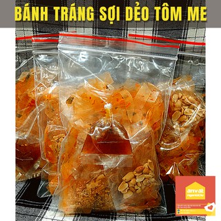 Bánh tráng SỢI DẺO TÔM ME chua chua cay cay (2 cái bánh tráng + topping me, đậu phộng, hành phi)
