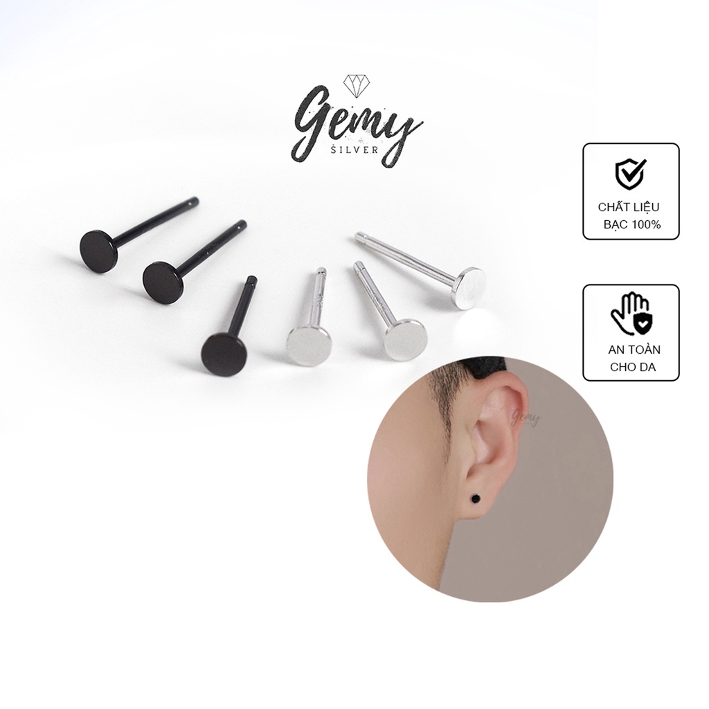 Khuyên tai nam bạc màu đen trắng tròn dẹt nhỏ basic đơn giản, unisex (1 chiếc) | GEMY SILVER KN50