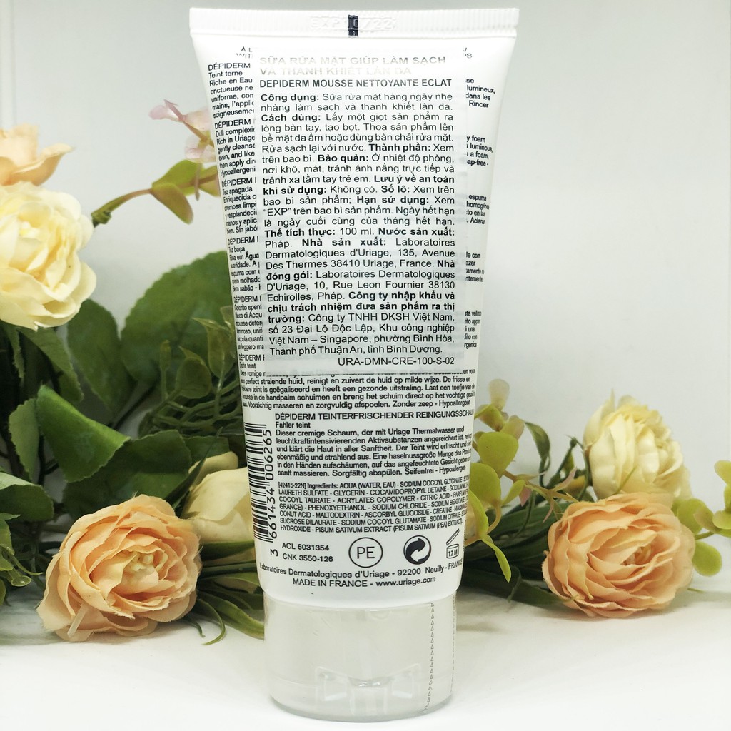 Sữa rửa mặt làm sạch và thanh khiết làn da Uriage Depiderm Crème Mousse Nettoyante Eclat 100ml