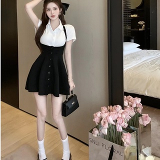 Set Áo Thun Ngắn Tay Cổ Bẻ + Chân Váy Yếm Phong Cách Hong Kong Thời Trang Mùa Hè Mới Cho Nữ