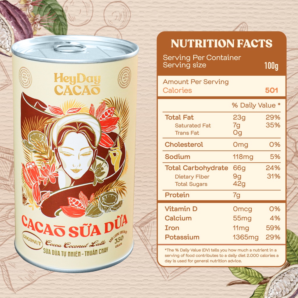 Ảnh Bột cacao sữa dừa tự nhiên, thuần chay – Lon 350g – Heyday Cacao 3