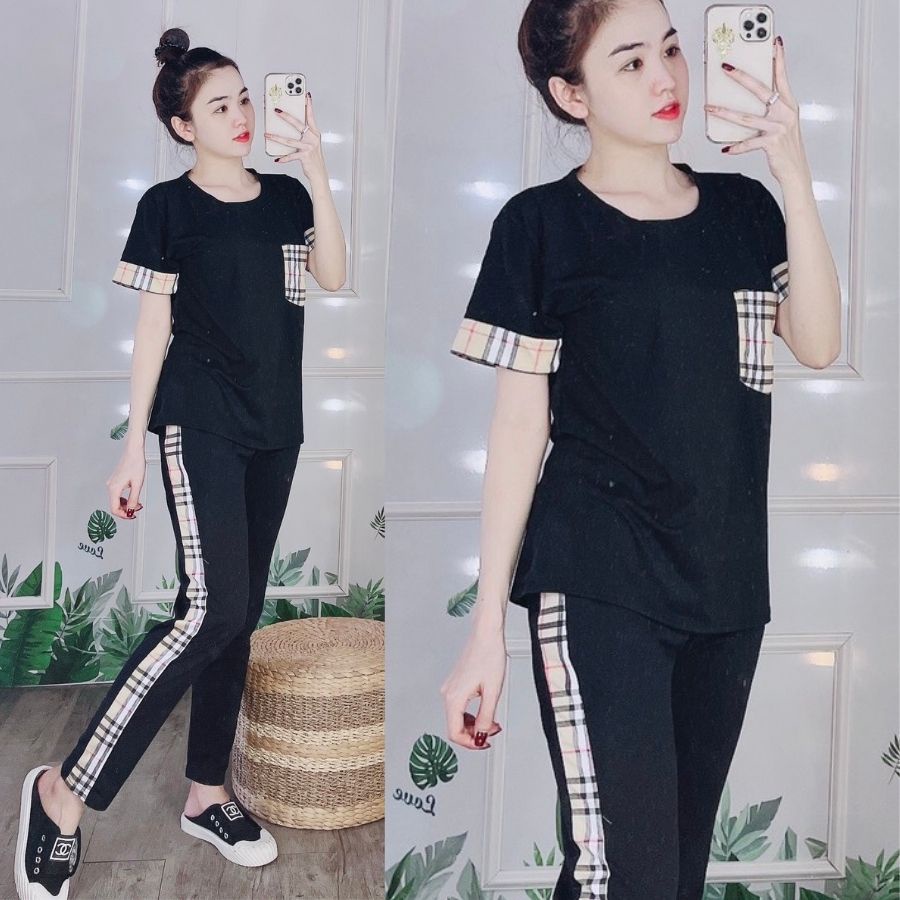 Đồ Bộ Nữ Mặc Nhà ESHOP DB15 Bigsize 43-85kg Áo Tay Ngắn Thun Cotton Quần Dài Caro Dễ Thương