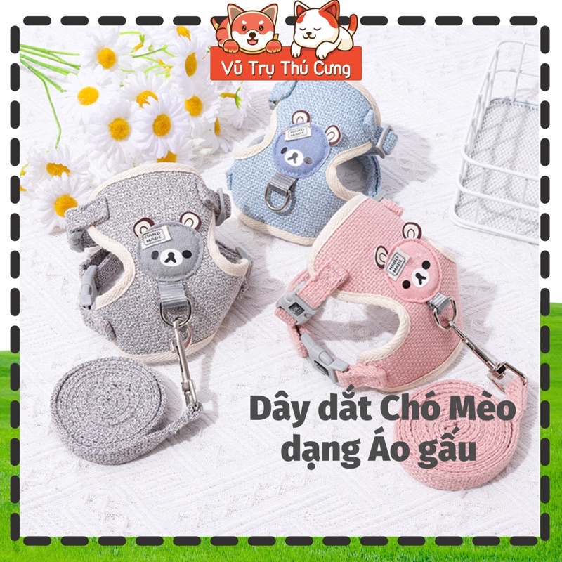 Dây dắt chó mèo dạng Yếm đeo, hoạ tiết mặt gấu dễ thương