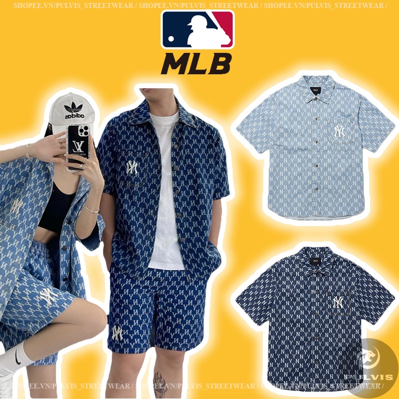 ⚡️Hight Quality - Áo Sơ Mi Jeans MLB Classic Monogram Denim Short Sleeve Shirt NY Yankees, Áo sơ mi MLB