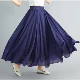 Phong Cách Hàn Quốc Nữ Vải Lanh cotton Co Giãn Eo Xếp Ly Váy Dài Midi Đầm