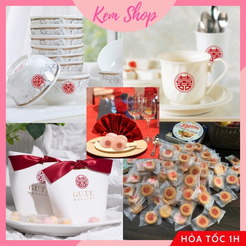 Decal chữ hỷ dán trầu cau, trái cây, tem dán chữ song hỷ trang trí đám cưới set 49 decal - Kem Shop K319