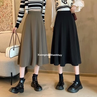Chân váy xoè dáng dài qua gối lưng cao, chân váy dáng midi-701