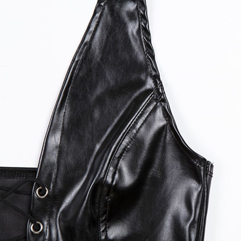 YOI Nữ Punk Không Tay Crop Dây Lưng Giả Da Phối Ren Rỗng Áo Vest
