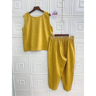 JUNE LINEN S99-Set Linen áo cổ tròn sát nách + quần baggy. NHIỀU MÀU. Bigsize. Ảnh thật.