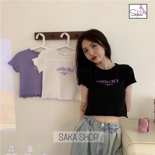 Áo croptop nữ tay ngắn thun cuốn biên thêu chữ màu tím sake dễ thương