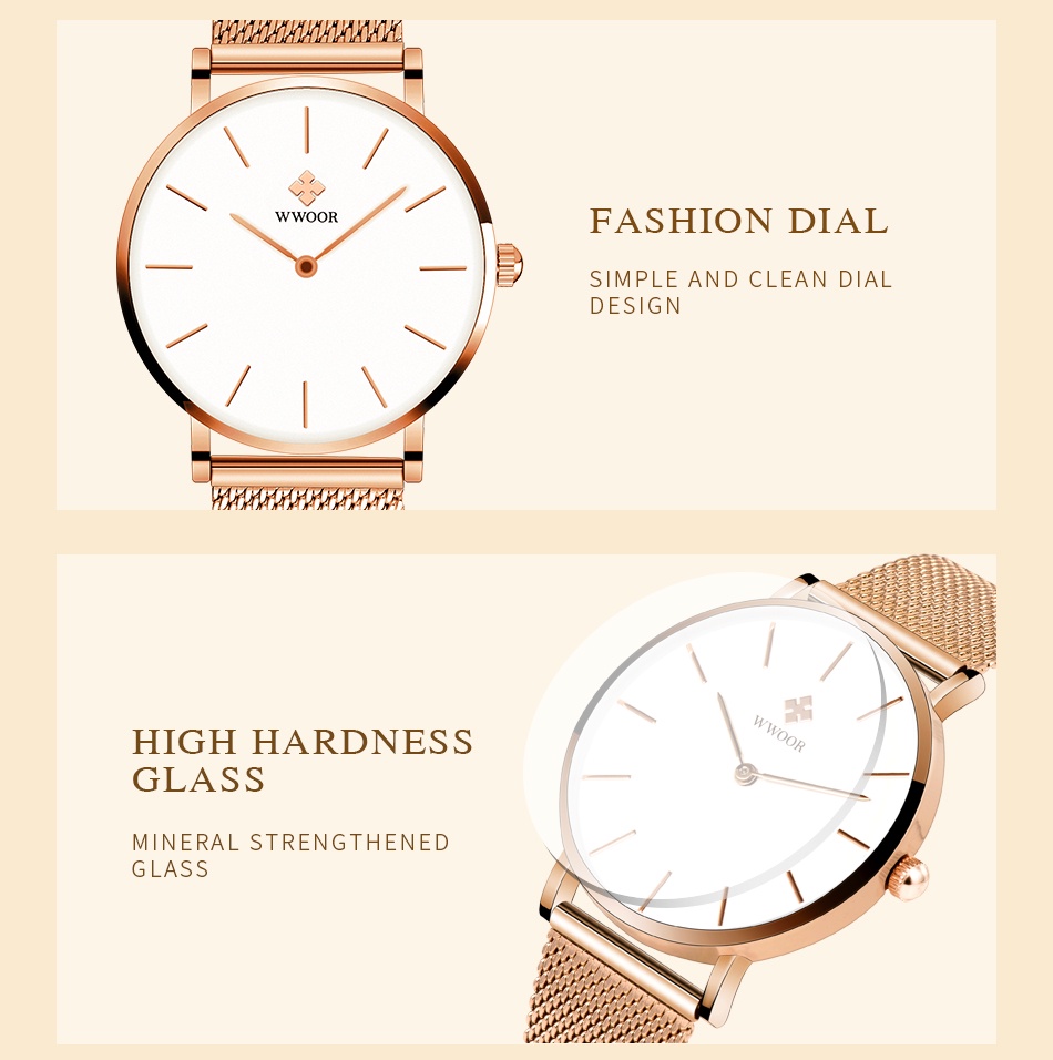 Mô tả Đồng Hồ Quartz WWOOR Chất Liệu Thép Không Gỉ Mạ Vàng Hồng Chống Thấm Nước Reloj Mujer-8840 - 5