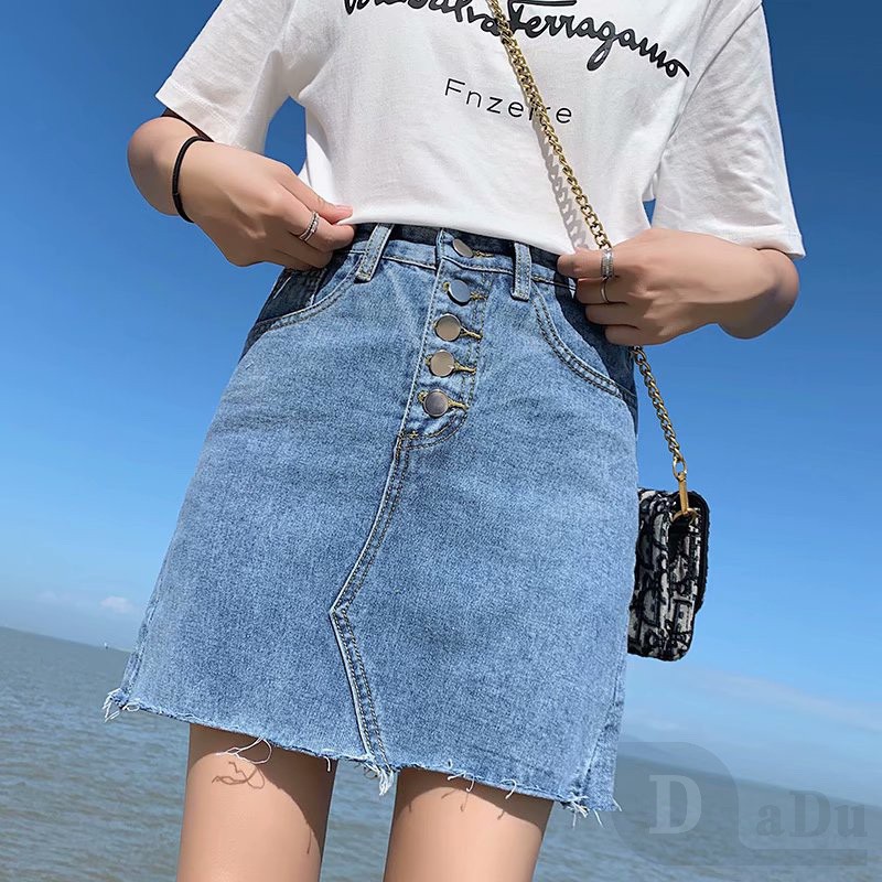 Ảnh Chân váy jean Chữ A Xếp Ly Lưng Cao Co Giãn Phong Cách Hàn Quốc Mới 3