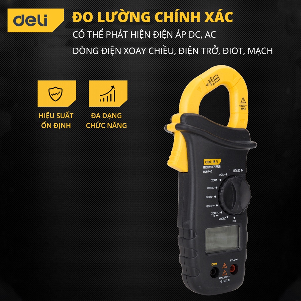 Đồng Hồ Kẹp Đo Dòng Điện Ampe 600V Deli Chuyên Dụng Chính Hãng - Độ Chính Xác Cao, Dễ Dàng Sử Dụng