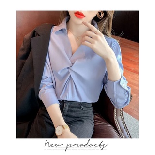 Phiên Bản Hàn Quốc Áo Sơ Mi Voan Thời Trang Nữ Tay Dài Màu Trơn Xếp Ly Top Thời Trang Đáy Áo Sơ Mi