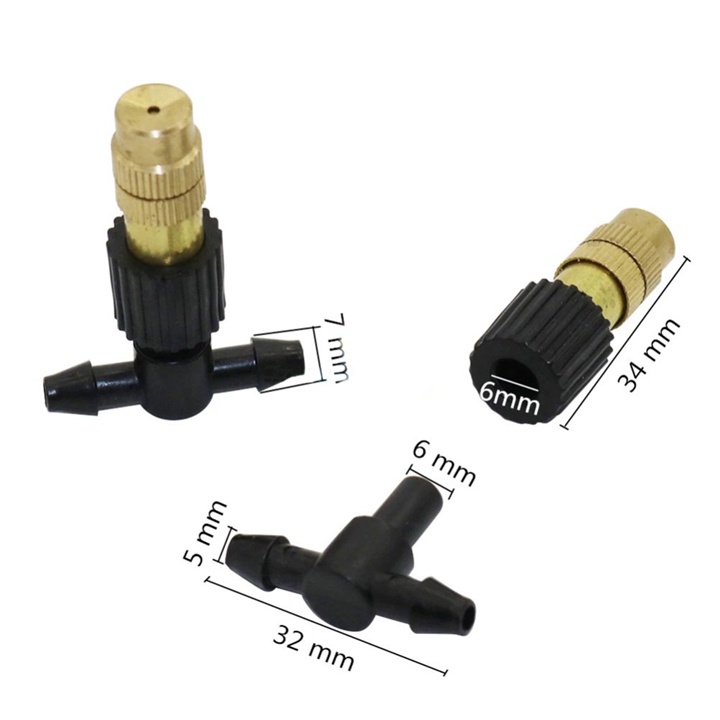 50 bộ béc phun sương 1 hướng bằng đồng kèm tê nối ống 6mm, béc phun sương làm mát, tưới lan...(tùy chọn van chống rỉ)