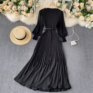 Đầm maxi Vải Voan Dáng Ôm Tay Phồng Xếp Ly Phối Thắt Lưng Kiểu Hàn Quốc Thời Trang Dự Tiệc Cho Bạn Gái