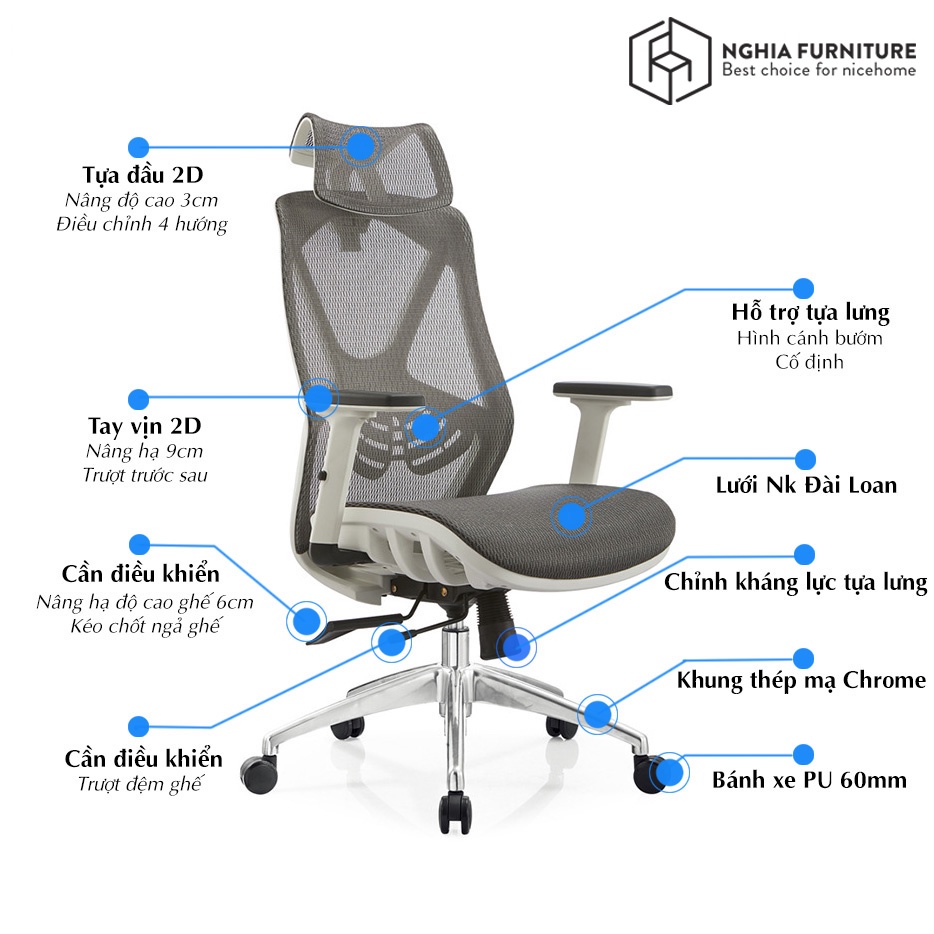 Mô tả Ghế công thái học Nghia Furniture Spider, Full lưới thoáng khí, ngả sâu 135 độ, bảo hành 3 năm - 4