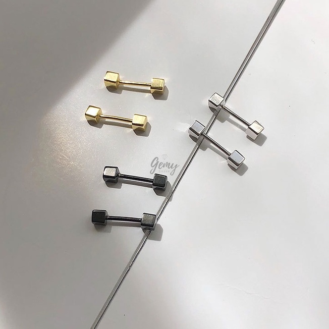Khuyên tai nam nữ bạc 925 hình vuông lập phương chốt vặn 3 màu unisex (1 chiếc) | GEMY SILVER KN75